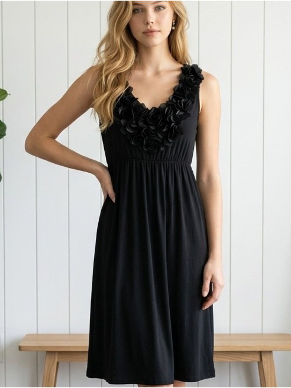 NWT Black‎ Sleeveless Dress with Floral Neckline,